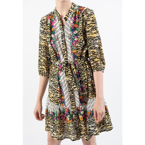 NWT Saloni Tyra Tiger Rosette Silk Multicolor Animal Print Belted Shirt Dress - Picture 1 of 12
